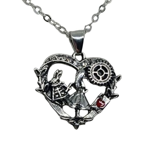 Disney Jewelry - Alice In Wonderland Necklace Heart Shaped Pendant White Rabbit Ace Hearts Card